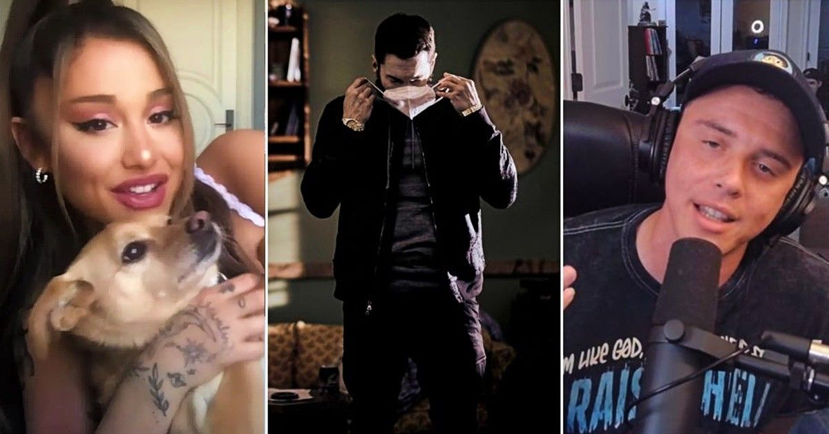 Ariana Grande with dog, Eminem putting on mask, Logic talking into mic