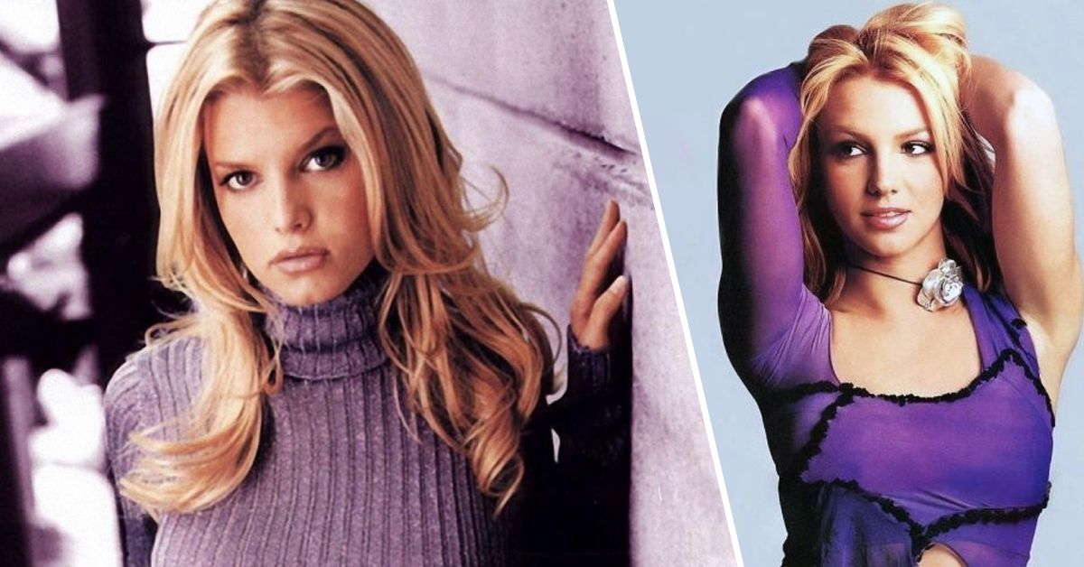 Jessica Simpson leaning on wall and Britney Spears arms up purple blonde