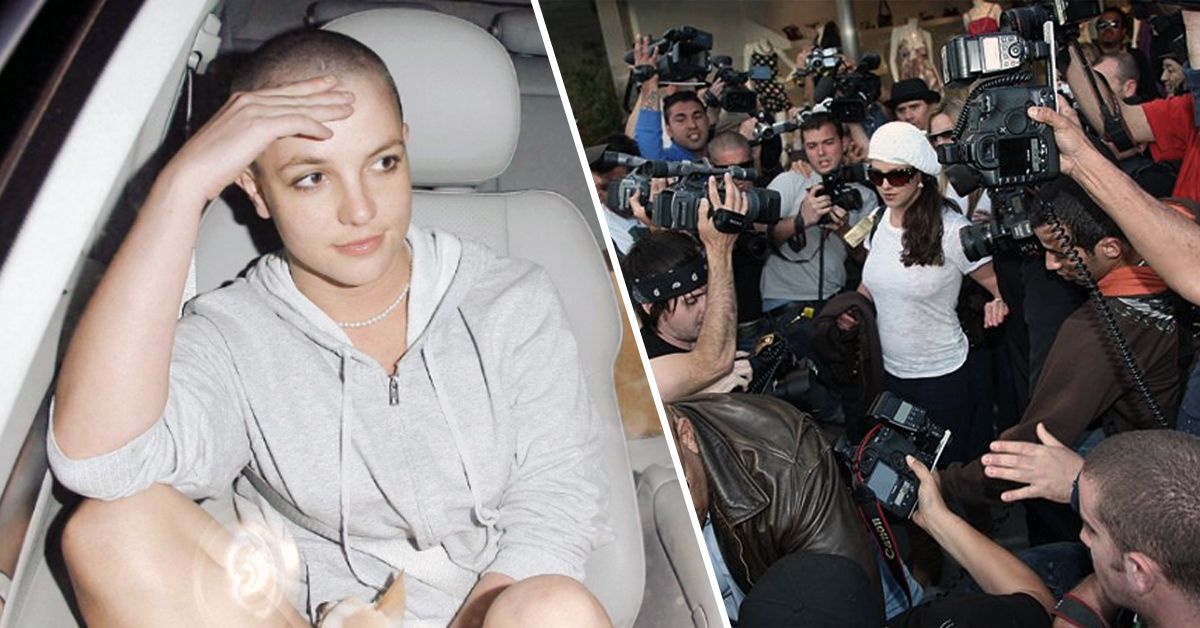 Britney Spears shaved head and crowd of paparrazi