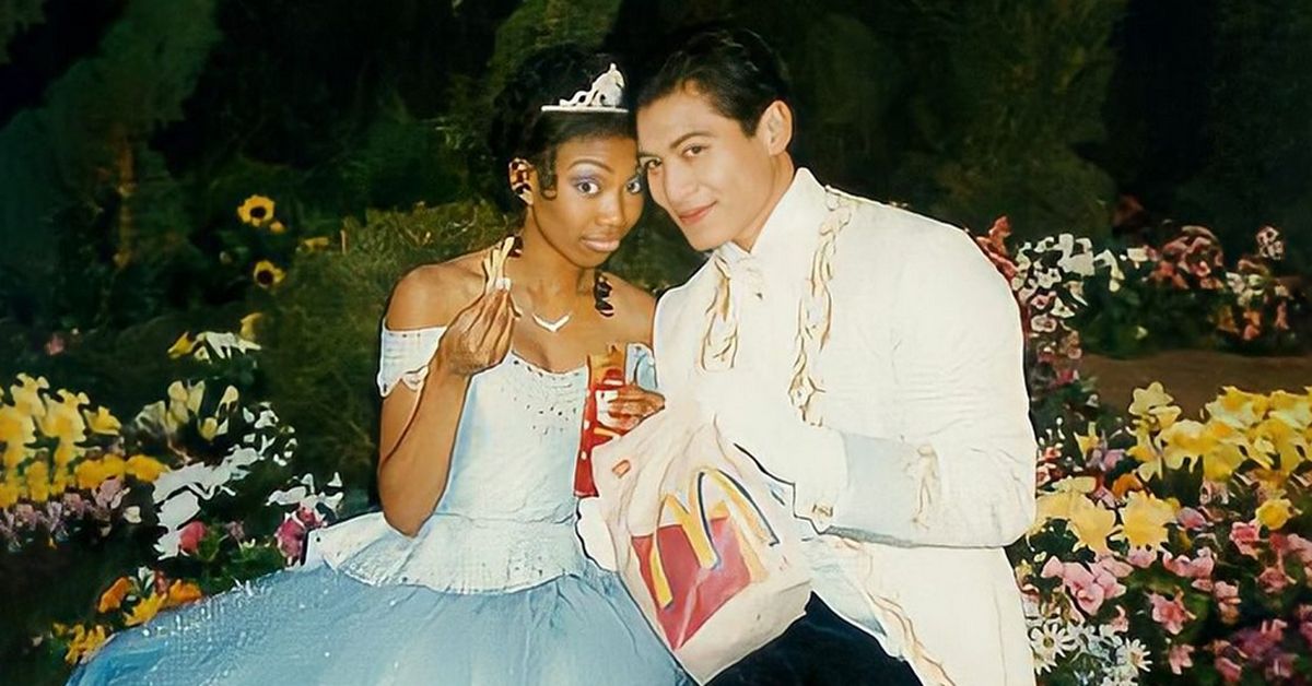 Brandy eating McDonalds in costume with Prince Charming 'Cinderella' garden set 1997
