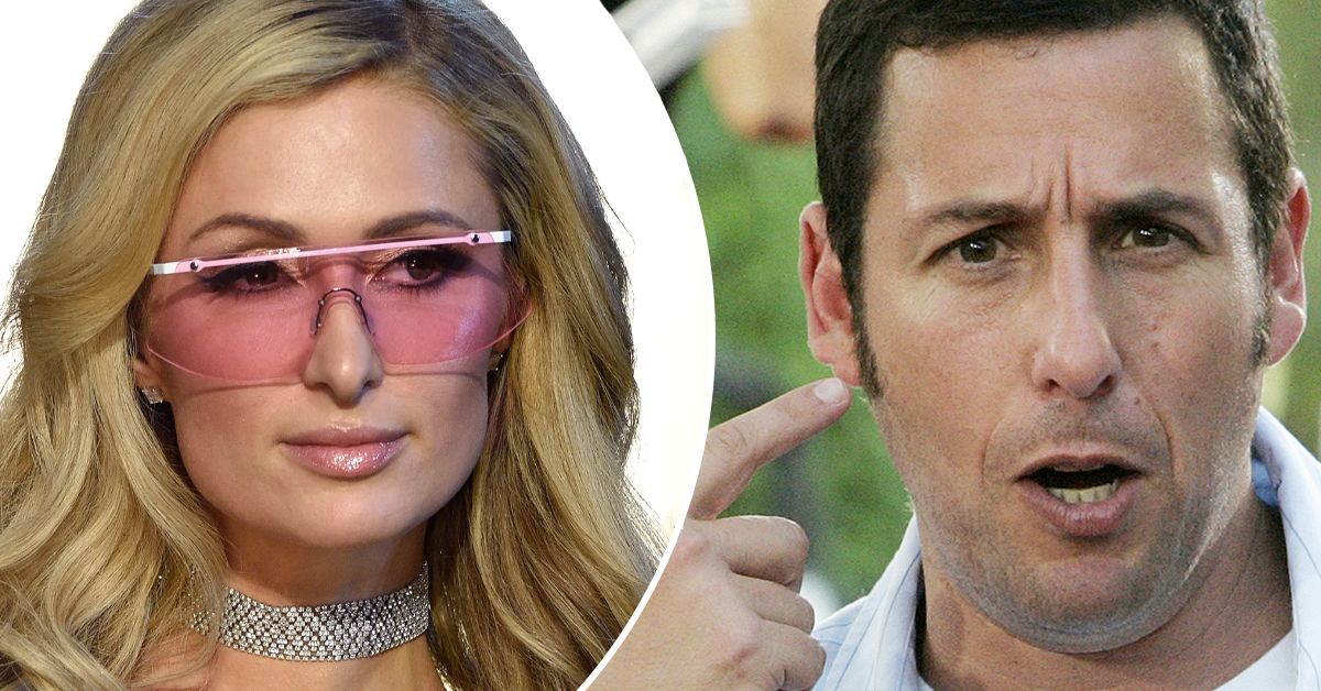 Paris Hilton pink sunglasses and Adam Sandler pointing to himself open mouth closeup