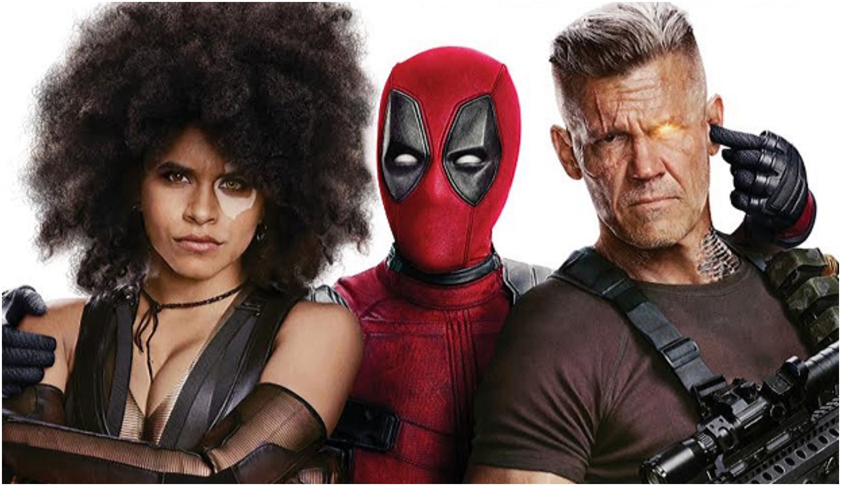 deadpool with his arms around cable and domino