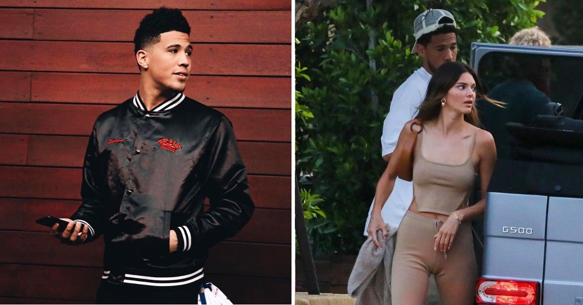 Devin Booker in black jacket in front of red wall and Devin and Kendall Jenner getting out of white S.U.V.