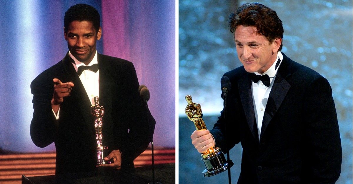 Denzel Washington and Sean Penn receiving Oscars