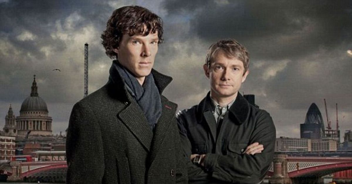 Benedict Cumberbatch and Martin Freeman pose in a 'Sherlock' promo image for the BBC