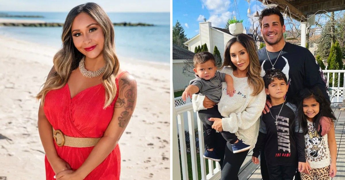Snooki in a red dress on the beach and Snooki with her family