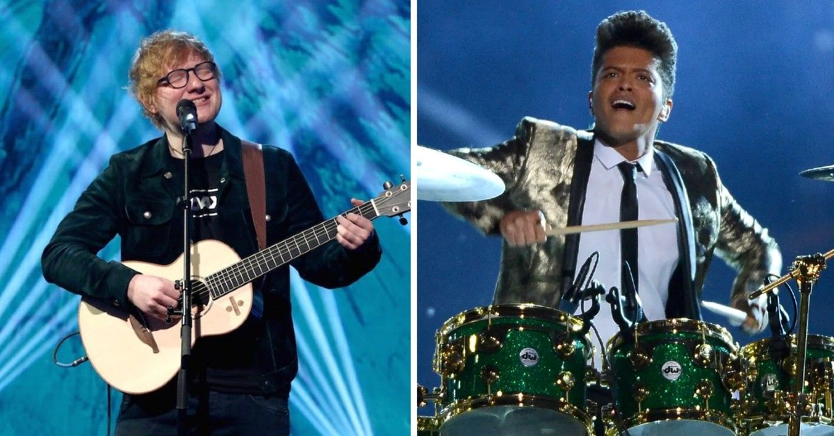 Ed Sheeran and Bruno Mars playing instruments in front of blue background