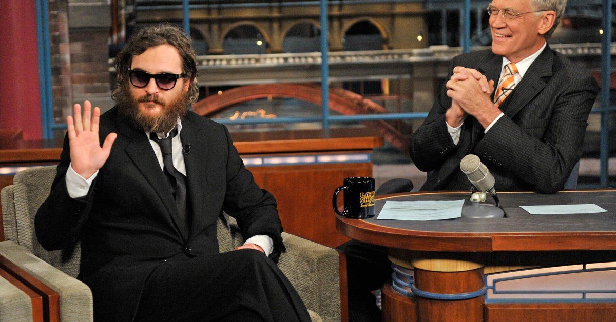 Actor Joaquin Phoenix, waves to the audience during his interview with Late Show host David Letterman during the Late Show with David Letterman Wednesday Feb. 11, 2008 on the CBS Television Network. This photo is provided by CBS from the Late Show with David Letterman photo archive