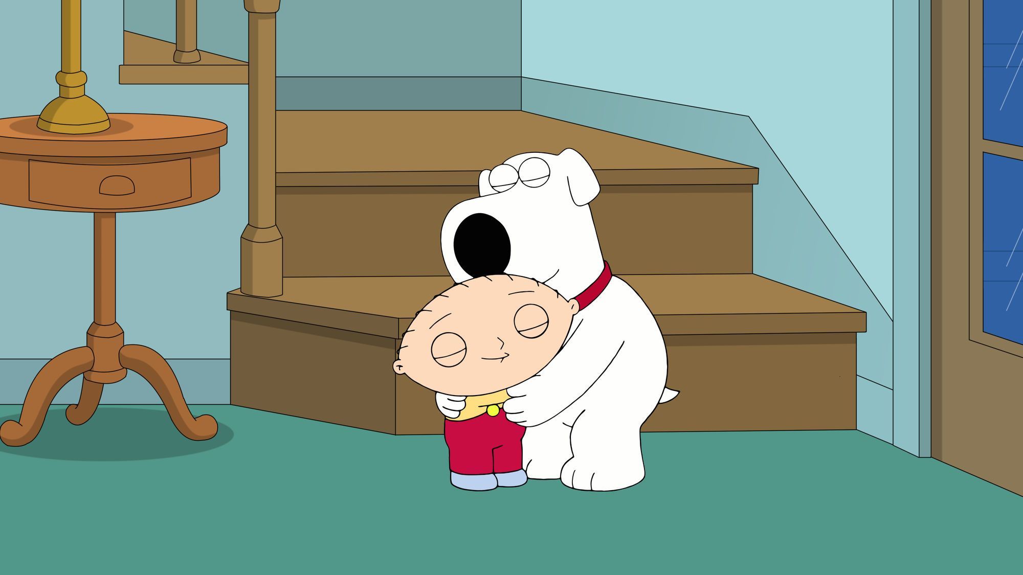 Stewie and Brian hug