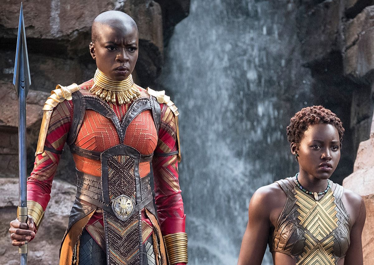 Gurira and Lupita as Okoye and Nakia on the set of 'Black Panther.'