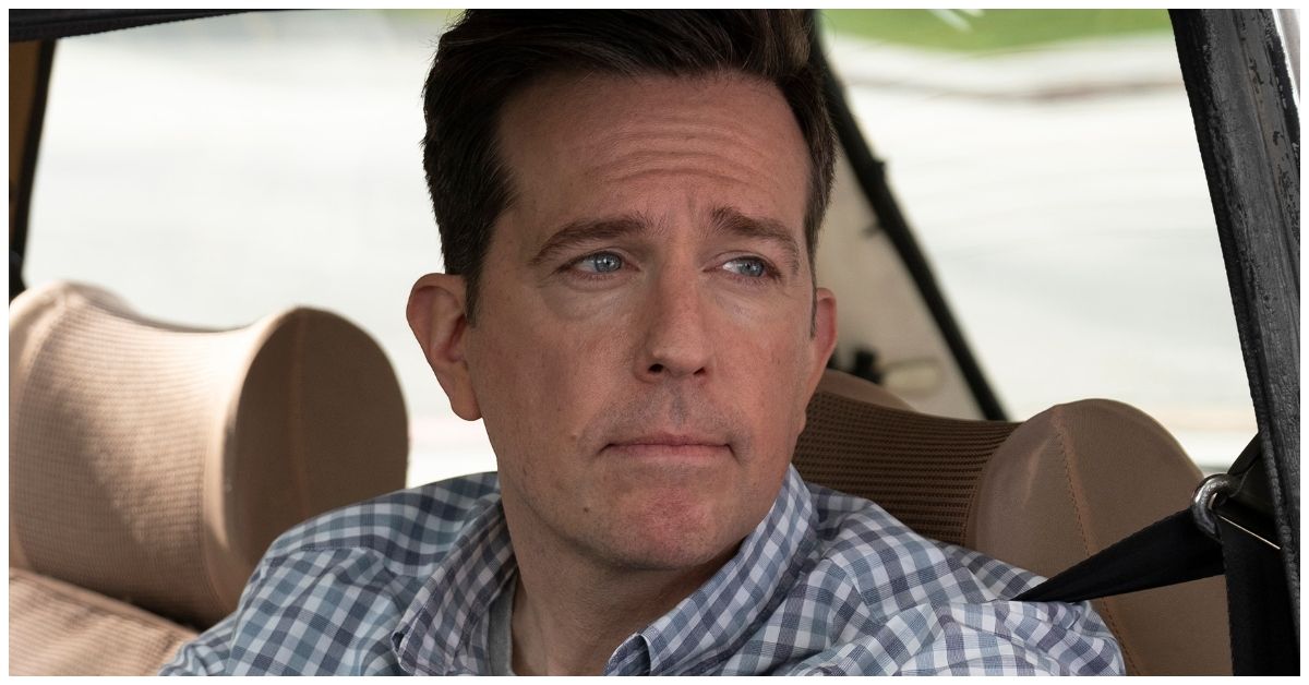 Ed Helms driving in Rutherford Falls