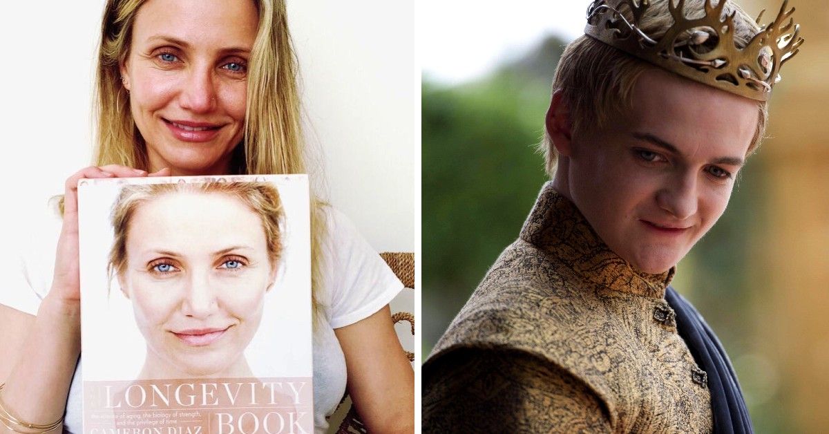 Cameron Diaz in white background holding a book and Jack Gleeson as Games of Thrones character