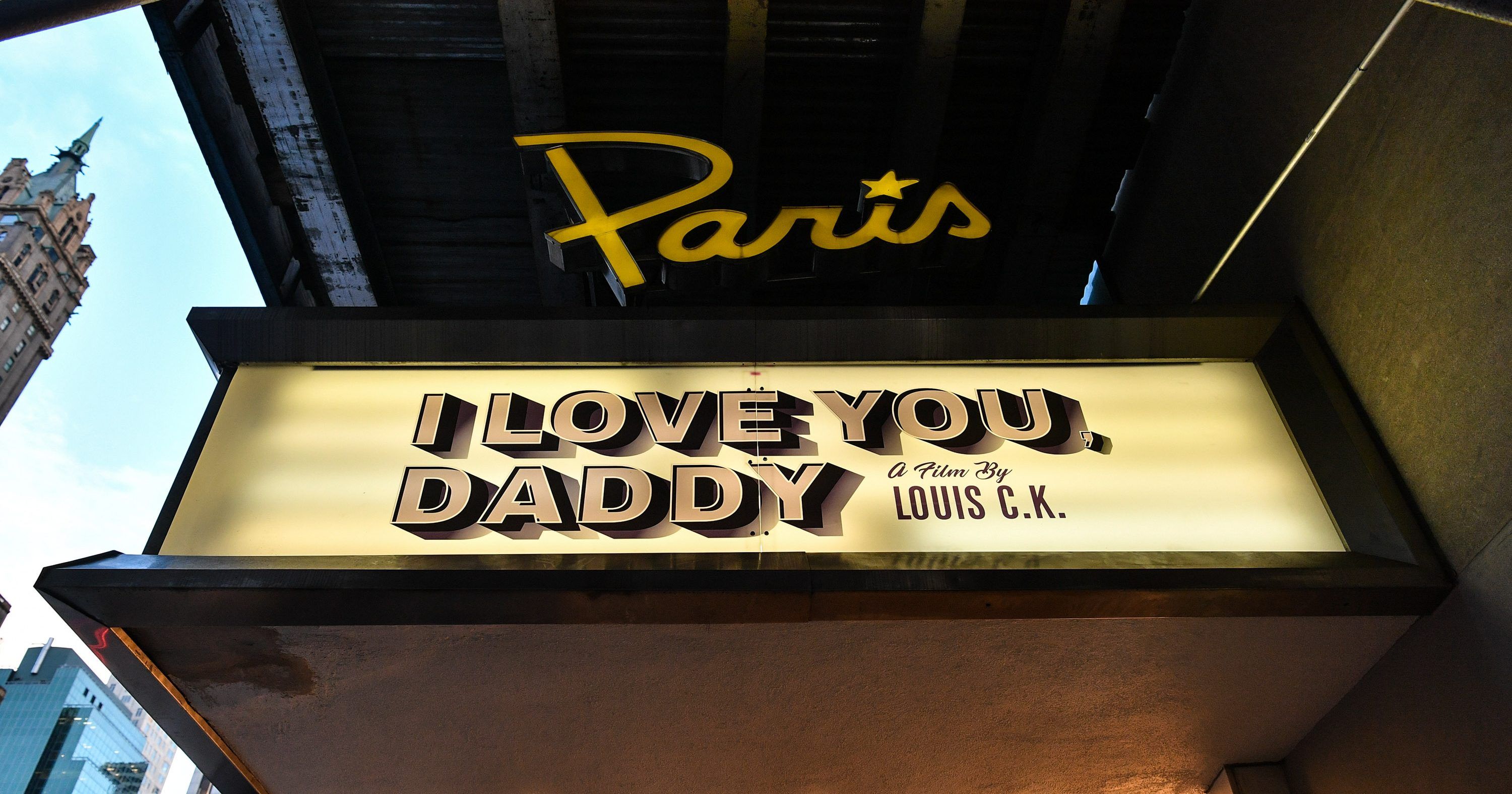 NEW YORK, NY - NOVEMBER 09: An exterior view of The Paris Theatre with a marquee advertising the Louis C.K. movie 