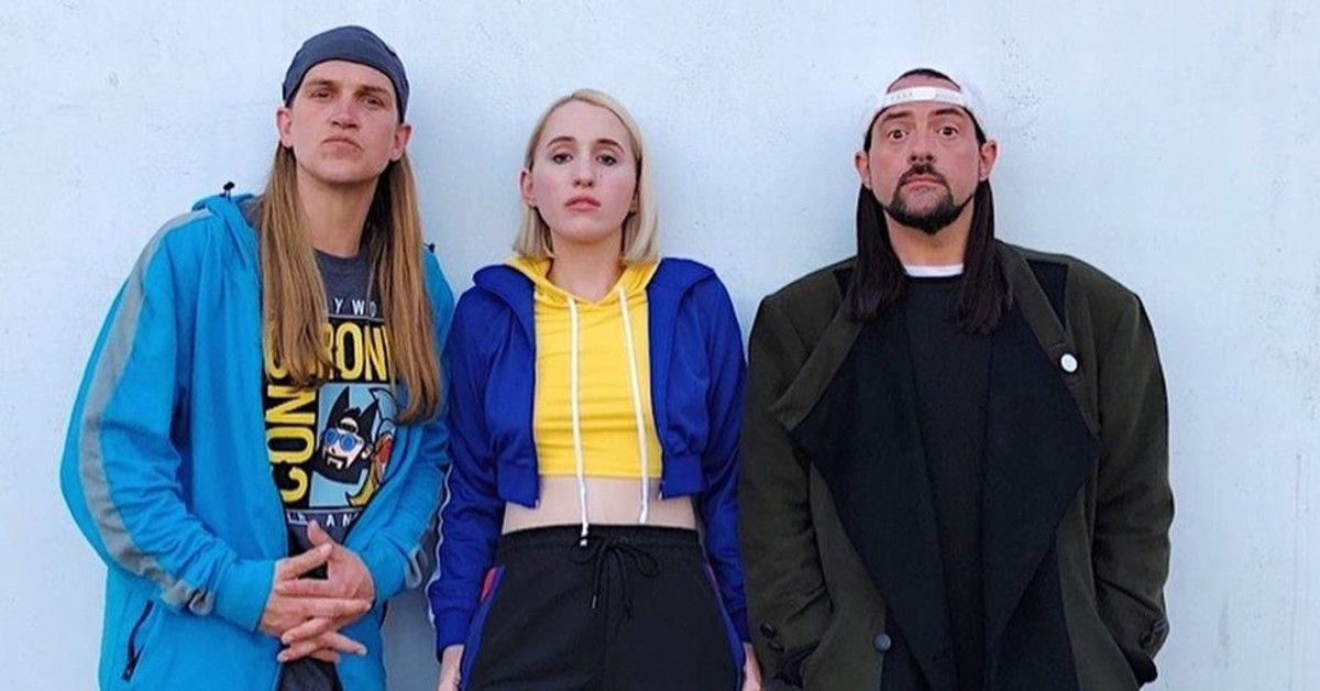 Harley Quinn Smith on set of Jay and Silent Bob Reboot with Jay and Kevin Smith