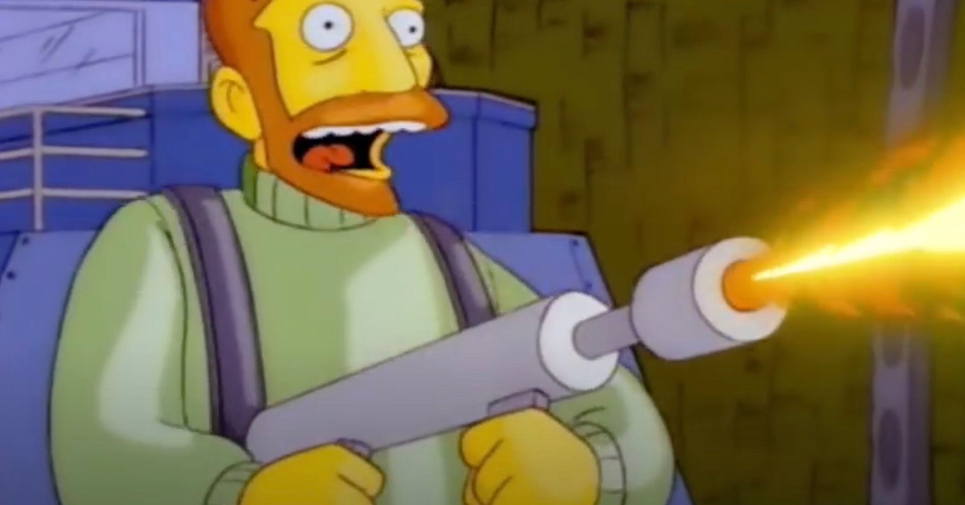 Hank Scorpio using a flamethrower in The Simpsons.