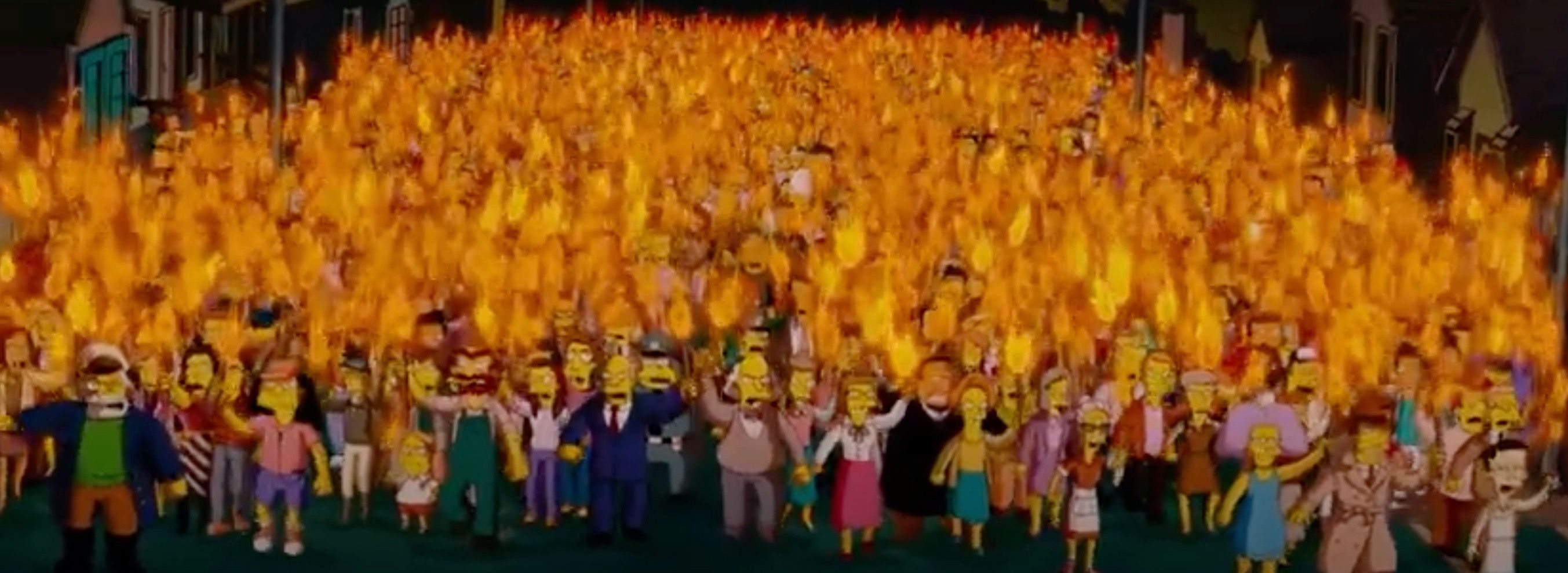 All of The Simpsons characters in an angry mob in The Simpsons Movie.