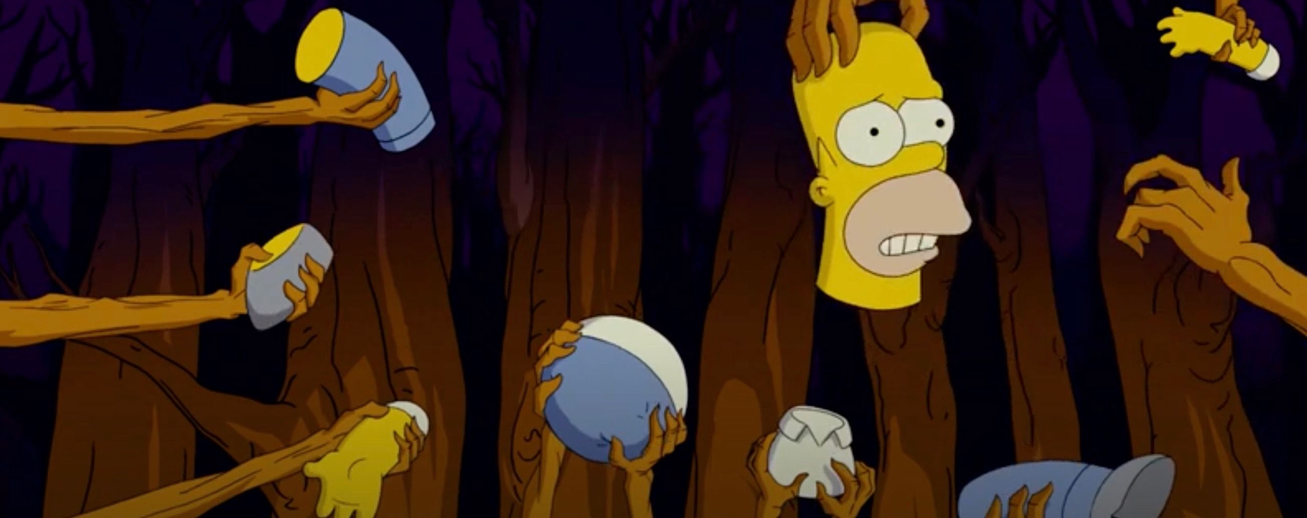 Homer being pulled apart by a tree in The Simpsons Movie.