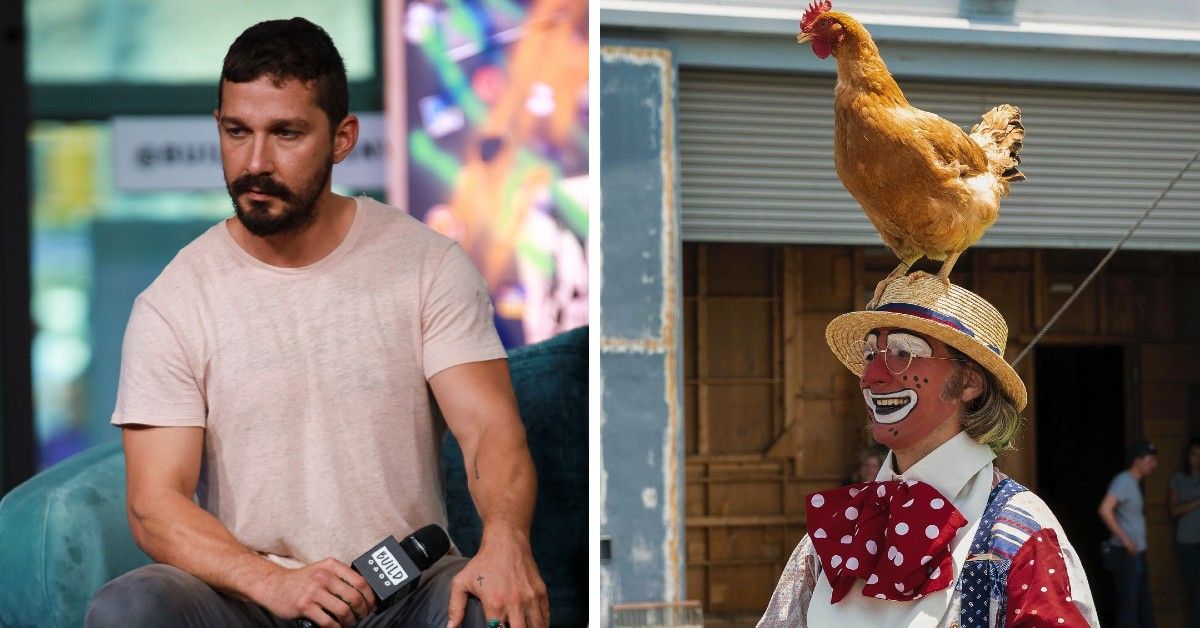 Shia LaBeouf in t-shirt and in clown costume for Honey Boy