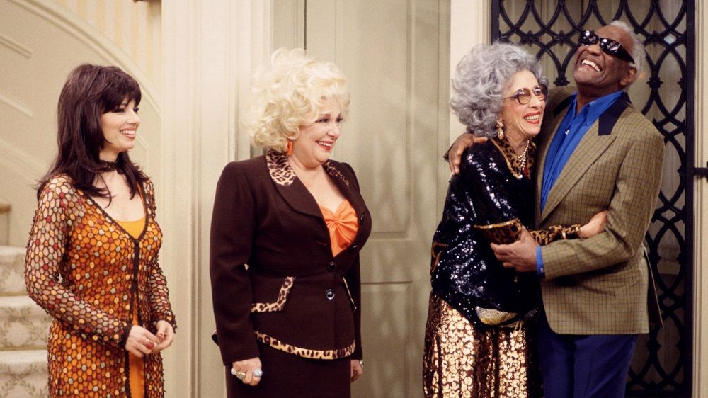 LOS ANGELES - NOVEMBER 6: THE NANNY, episode: &quot;Fair Weather Fran&quot; . Featuring (from left) Fran Drescher (as Fran Fine);Renee Taylor (as Sylvia Fine); Ann Morgan Guilbert (as Yetta Rosenberg) and Ray Charles (as Sammy Portnoy). Image dated November 6, 1997. (Photo by CBS via Getty Images)