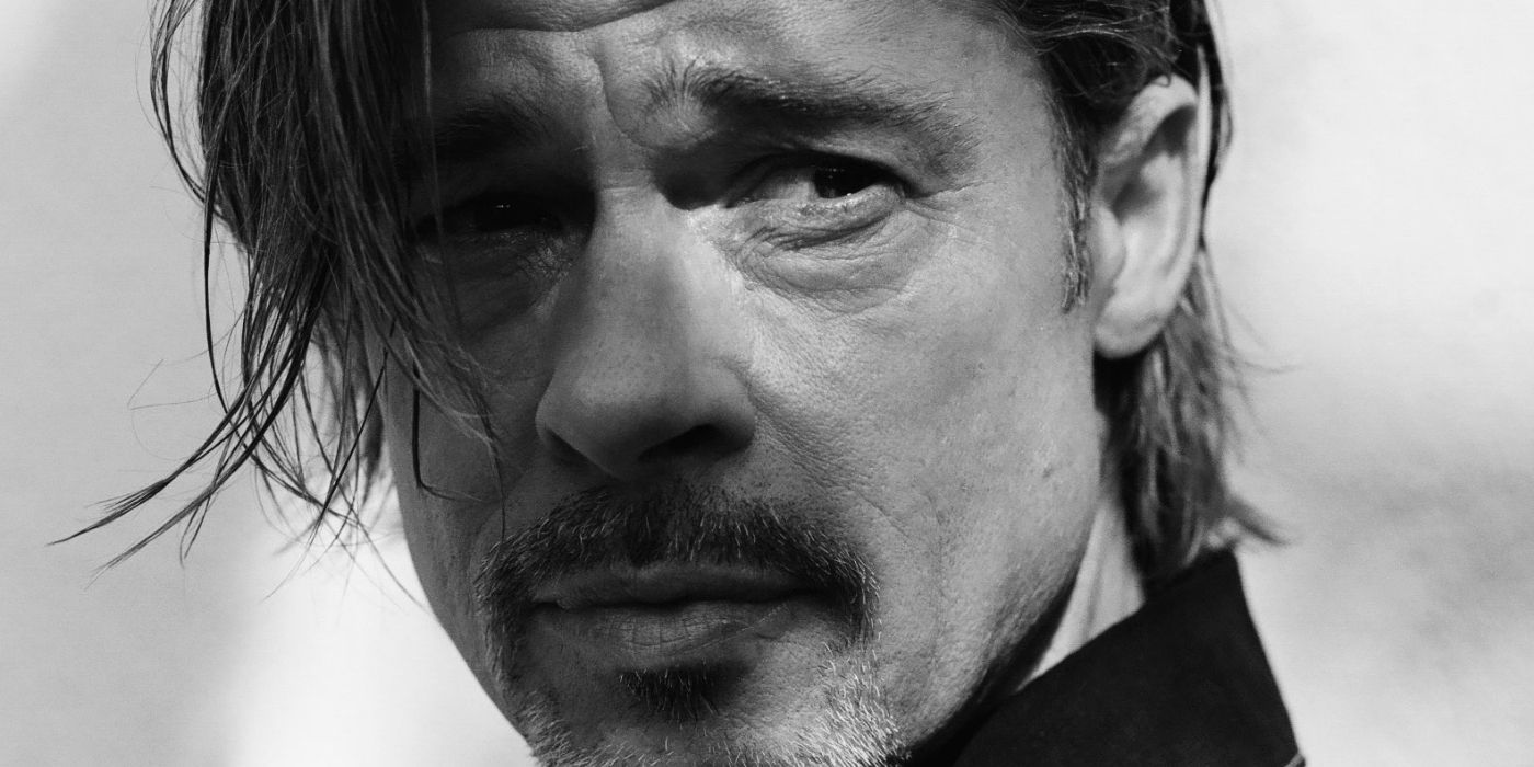 Brad Pitt in black and white closeup