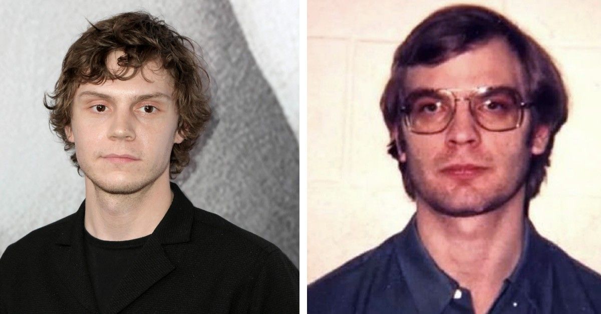 Evan Peters in black shirt split image with Jeffrey Dahmer