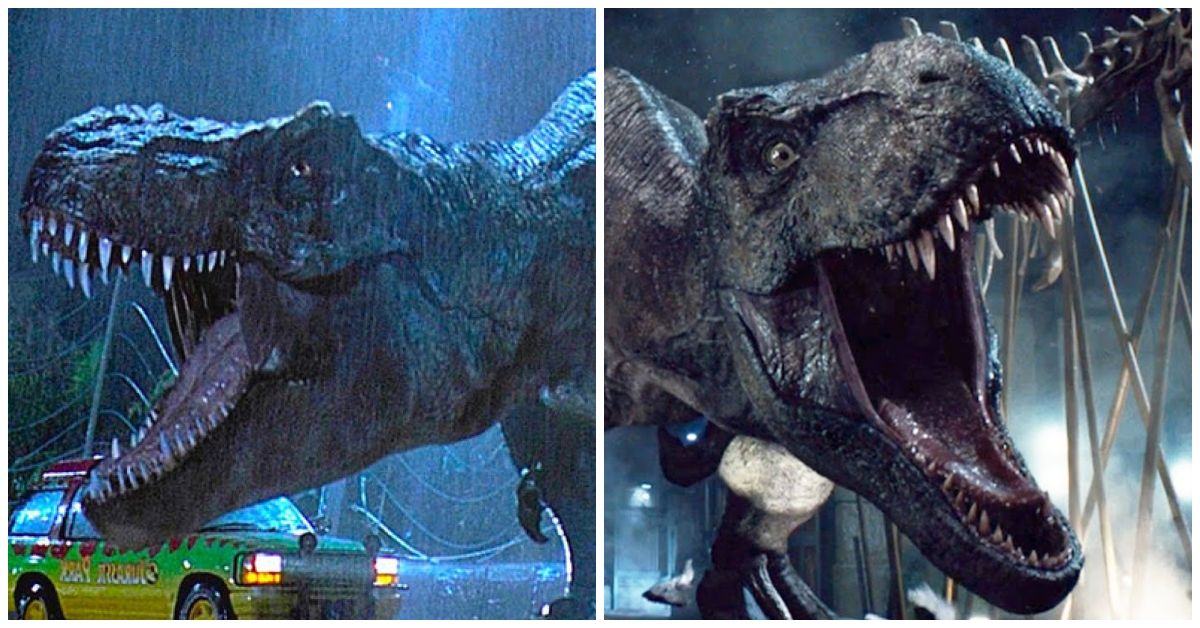 Jurassic Park's T-Rex and Jurassic World's Indominus Rex show offf their teeth