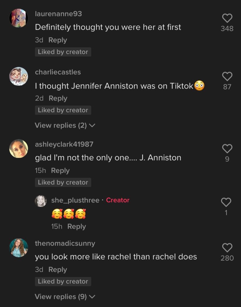 Friends fans commenting on a TikTok video posted by a Jennifer Aniston look-a-like