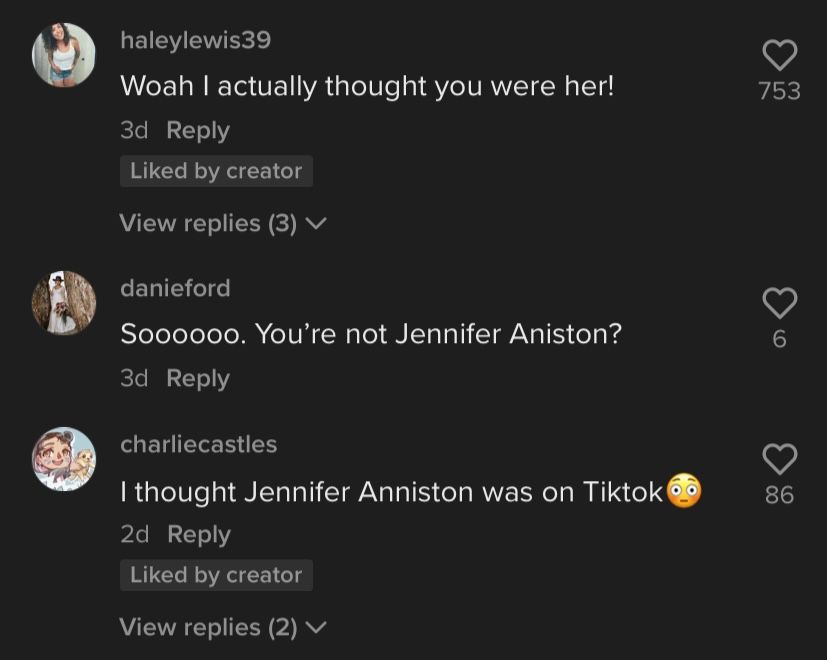 Friends fans commenting on a TikTok video posted by a Jennifer Aniston look-a-like