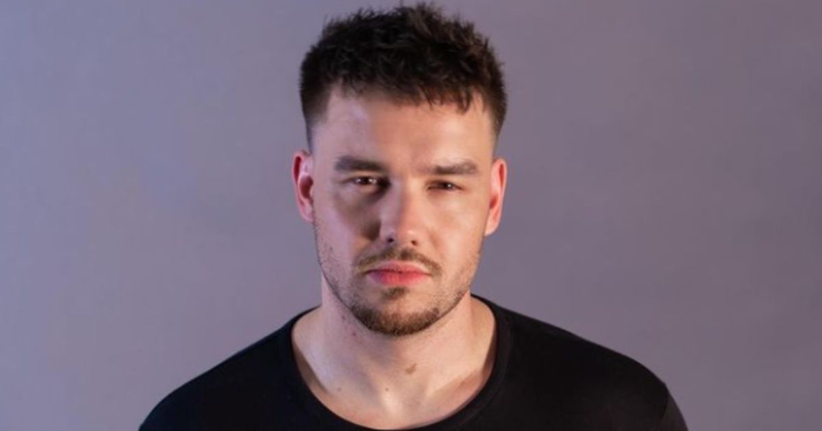 Liam Payne squints his eyes into the camera, with a purple grey background behind him