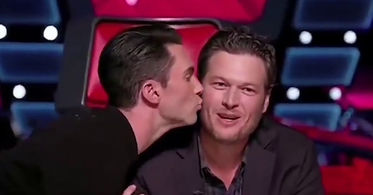 Adam Levine and Blake Shelton on the set of The Voice.