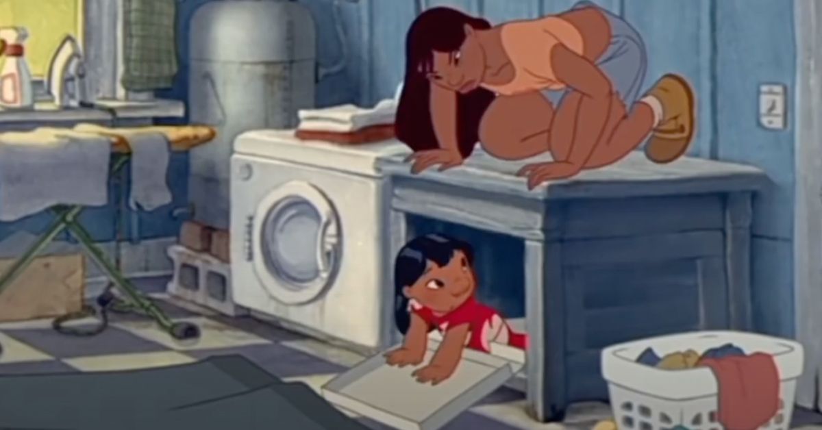 Lilo hiding in a pizza box inside a cabinet with Nani sitting on top of it looking at her in Lilo and Stitch.