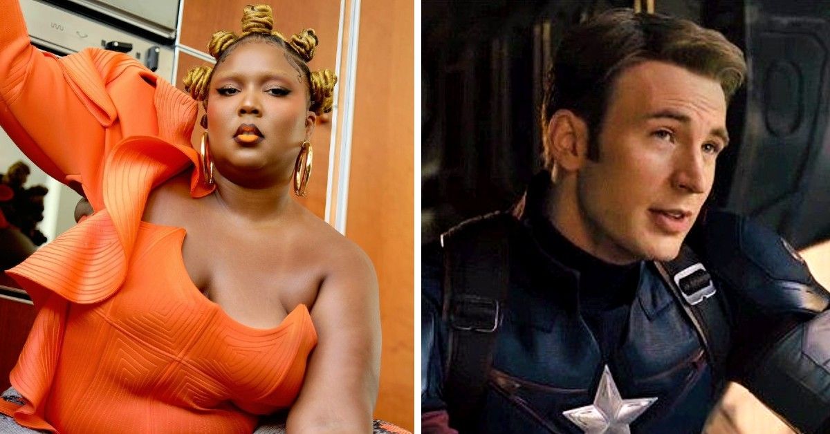 Lizzo in orange top and blonde buns and Chirs Evans as Captain America