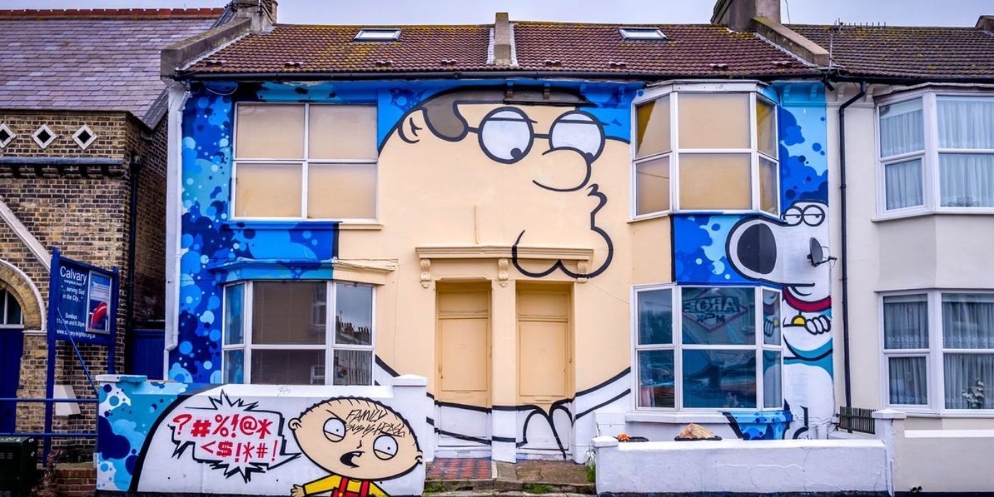 A house decorated with 'Family Guy' graffiti