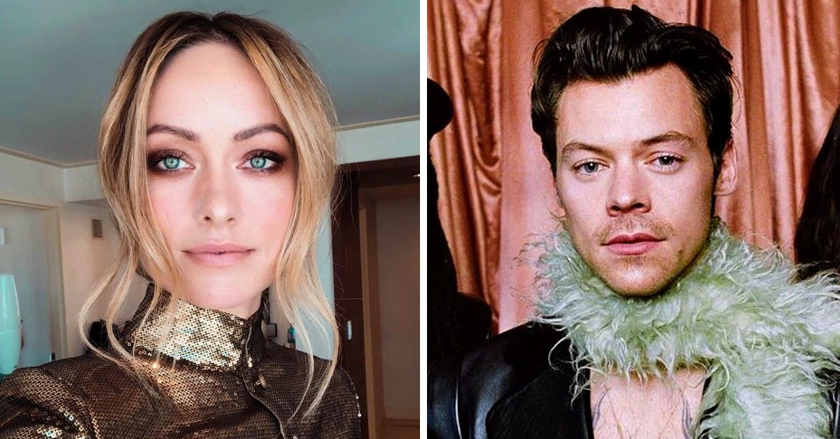 Olivia Wilde in gold top split image with Harry Styles in green feathered boa. 