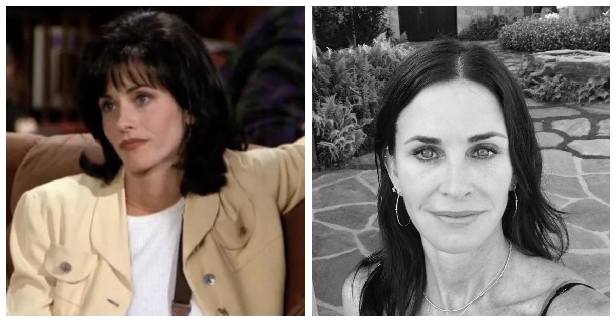 Split image of Courteney Cox as Monica on Friends and selfie of Courteney Cox