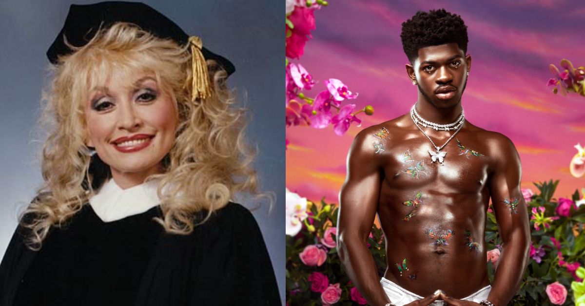 Dolly Parton in graduation gear. Lil Nas X poging around flowers.