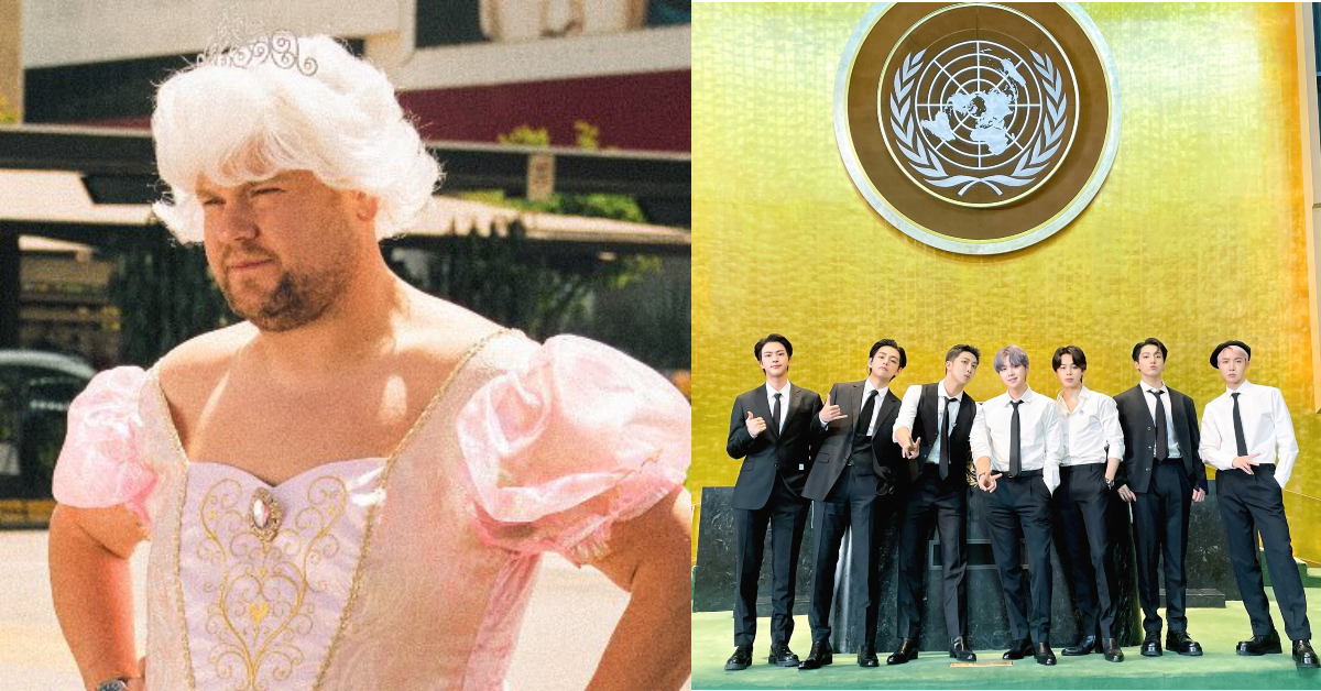 James Corden dressed as a princess. BTS visit the UN