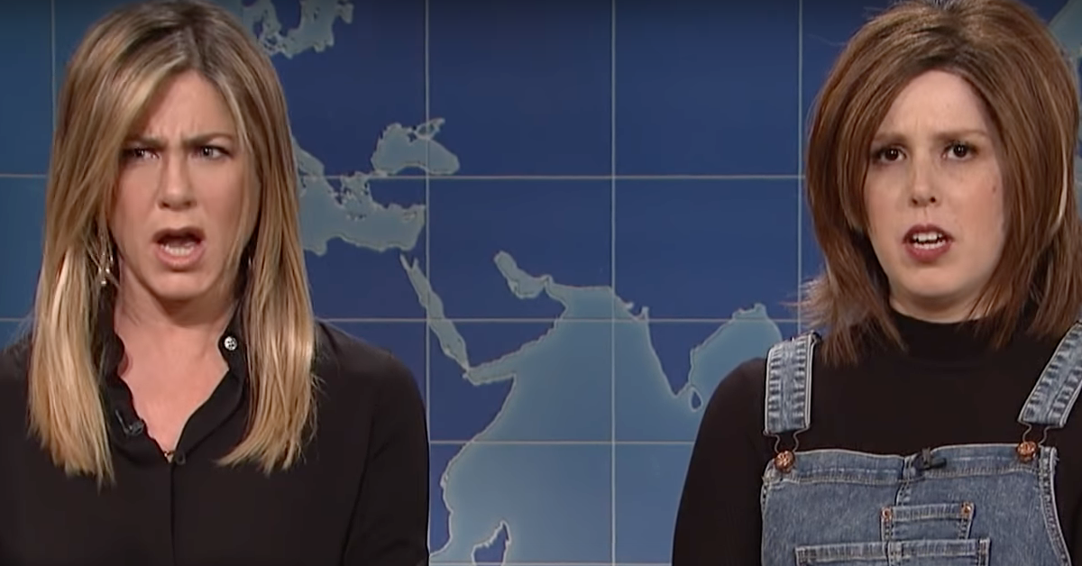 Jennifer Anniston and Vanessa Bayer on Saturday Night Live via NBC