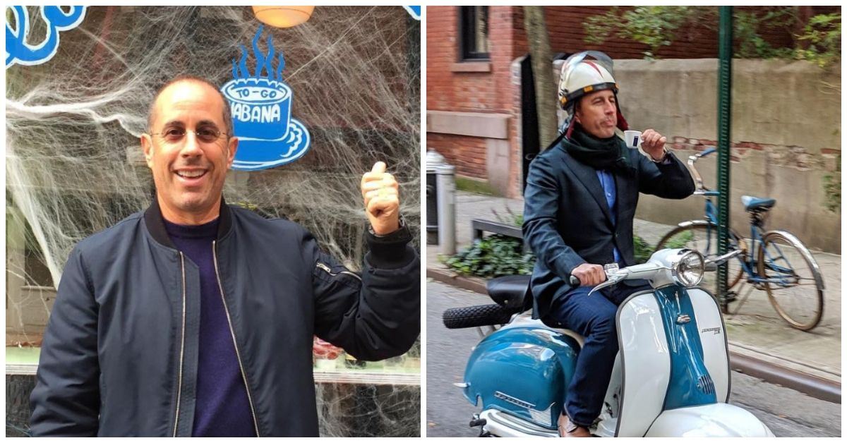 Jerry Seinfeld at cafe and riding a scooter in new York