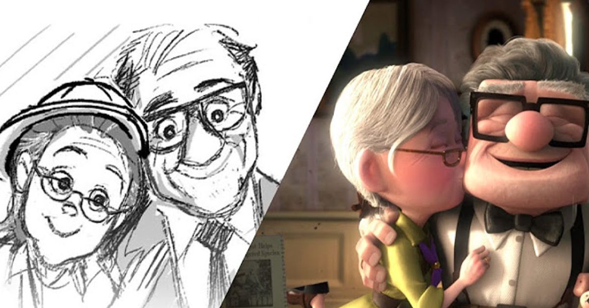 Black and white drawing of Ellie and Carl on the left side and the two of them in the movie Up on the right side.