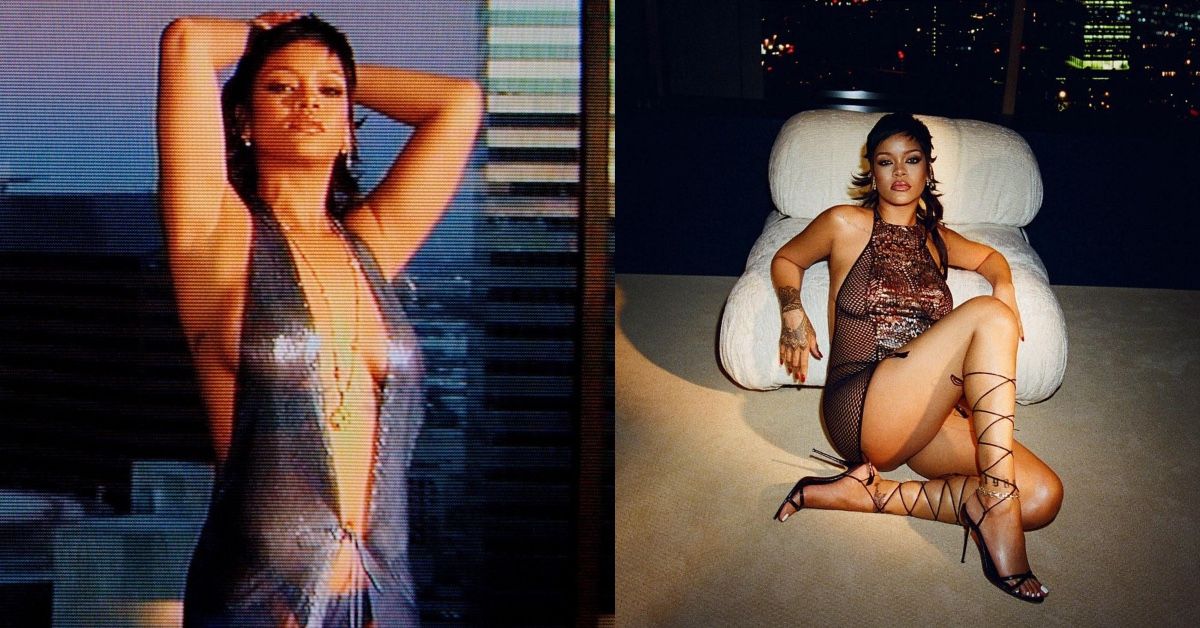 Rihanna poses seductively in two photos, one in a silver dress and one in a brown dress