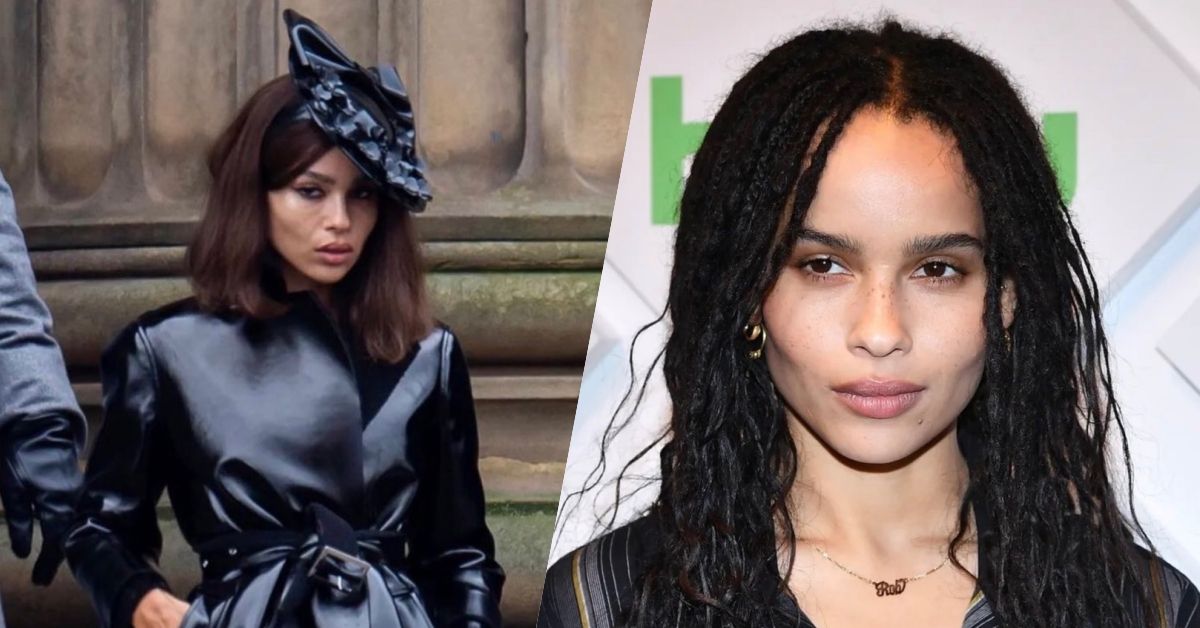 Side by side image of Zoe Kravitz as Selina Kyle, wearing a black coat and hat, and a close up of Kravitz, with her hair worn in braids.