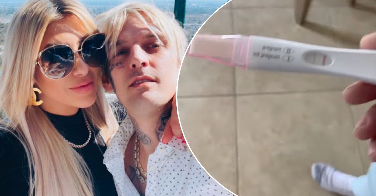 Aaron Carter and Melanie Martin side by side with their pregnancy test