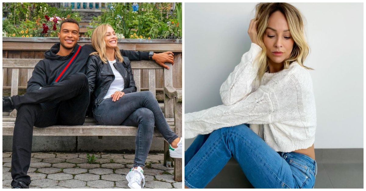Split image of Dale Moss and Clare Crawley sitting on a bench smiling and Clare Crawley wearing a white sweater and jeans