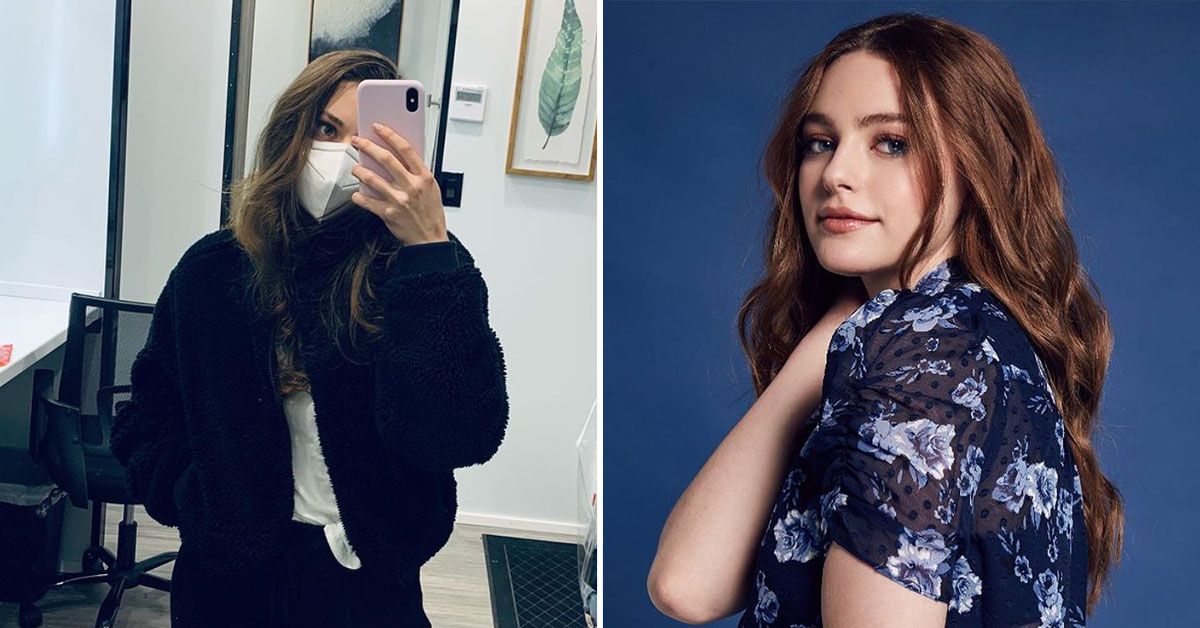 A split image of Danielle Rose Russell in a mask and modeling