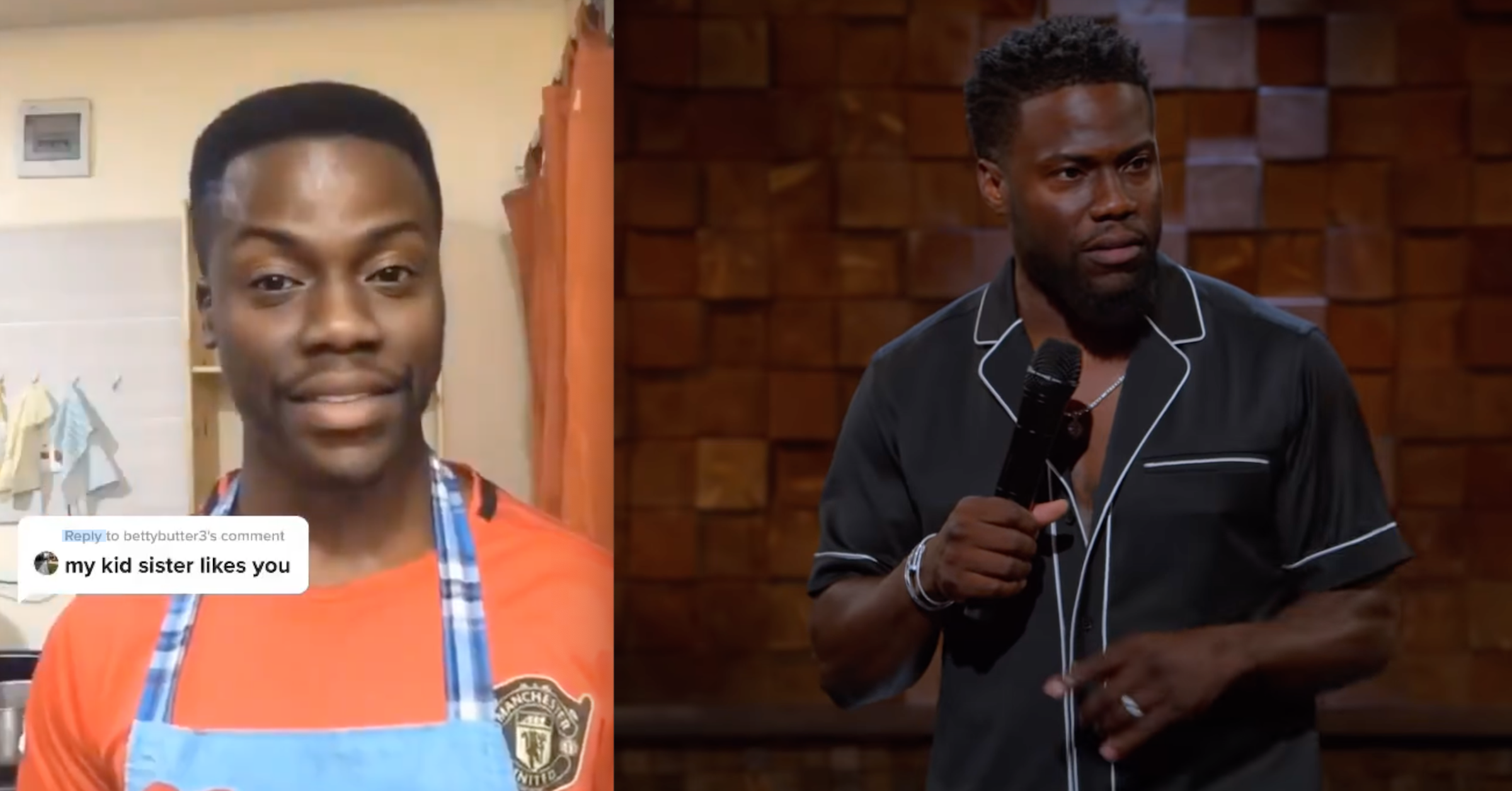 John Bidemi in a tiktok (left) and Kevin Hart in a stand up special (right)