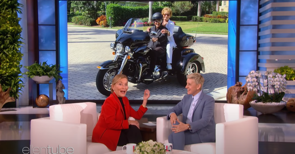 Judge Judy shows a picture of her on a motor cycle on the Ellen Show