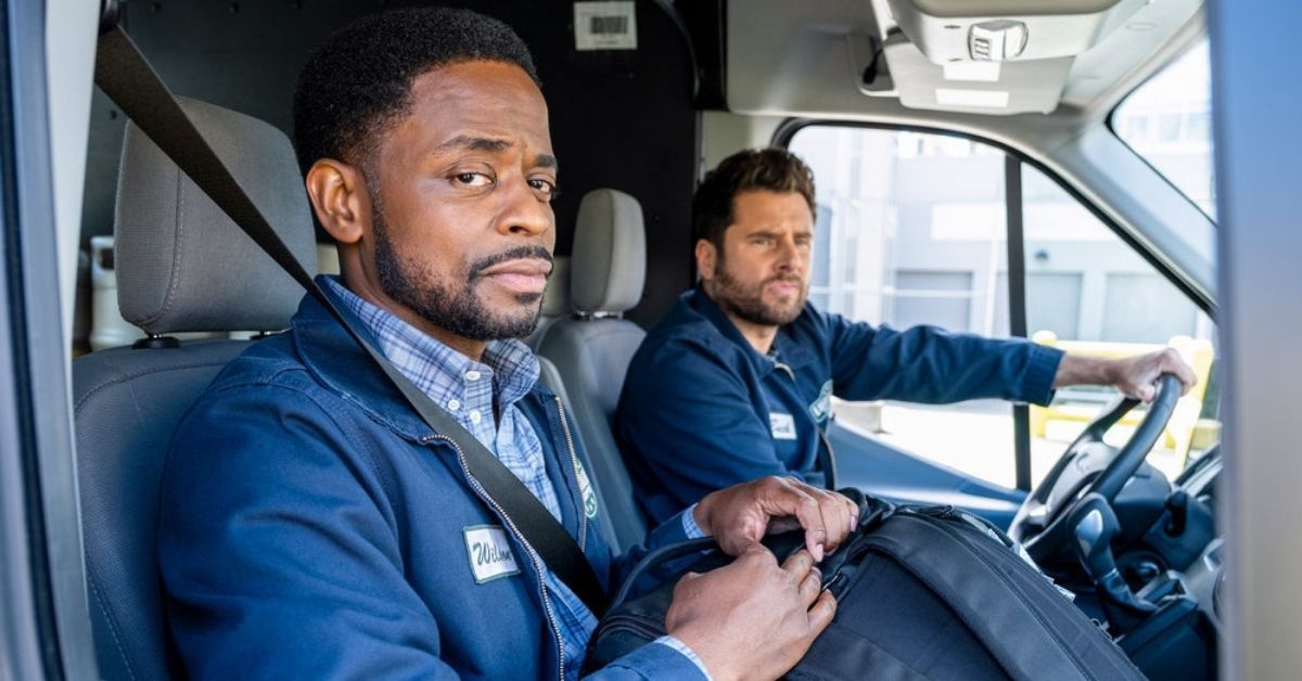 Production still from Psych 3 of actors Dule Hill and James Roday Rodriguez