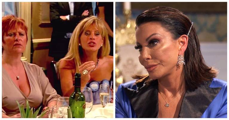 Split image Caroline Manzo a Dina Manzo při pohledu naštvaný na večeři a Danielle Staub při pohledu vážně na Real Housewives of New Jersey