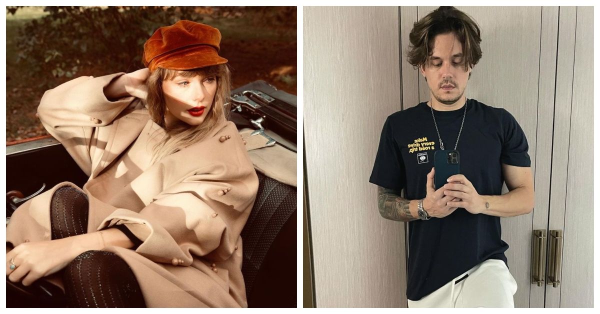 Split image of Taylor Swift sitting in a car and John Mayer looking at his phone
